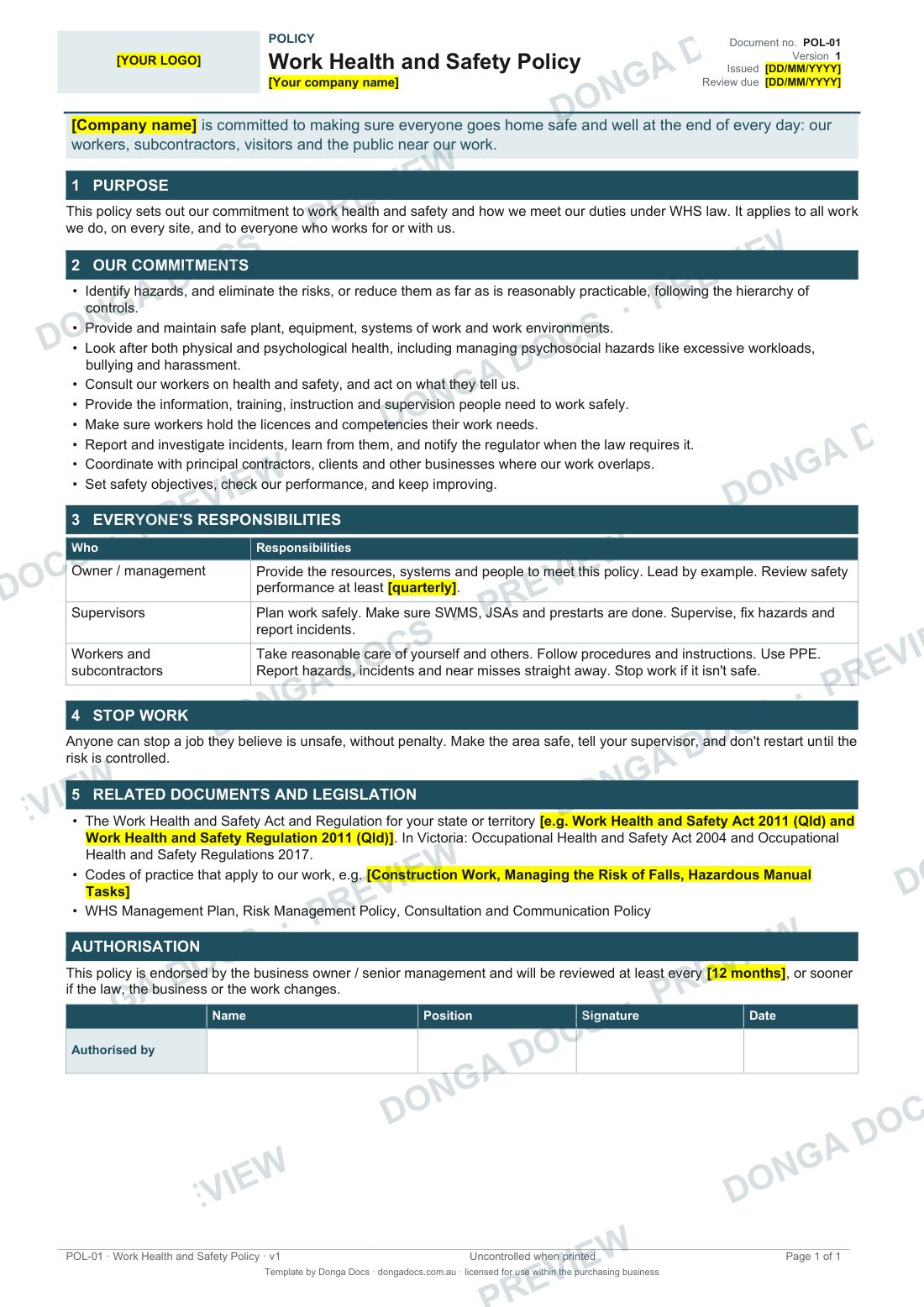 Preview of page 1 of the Work Health and Safety Policy
