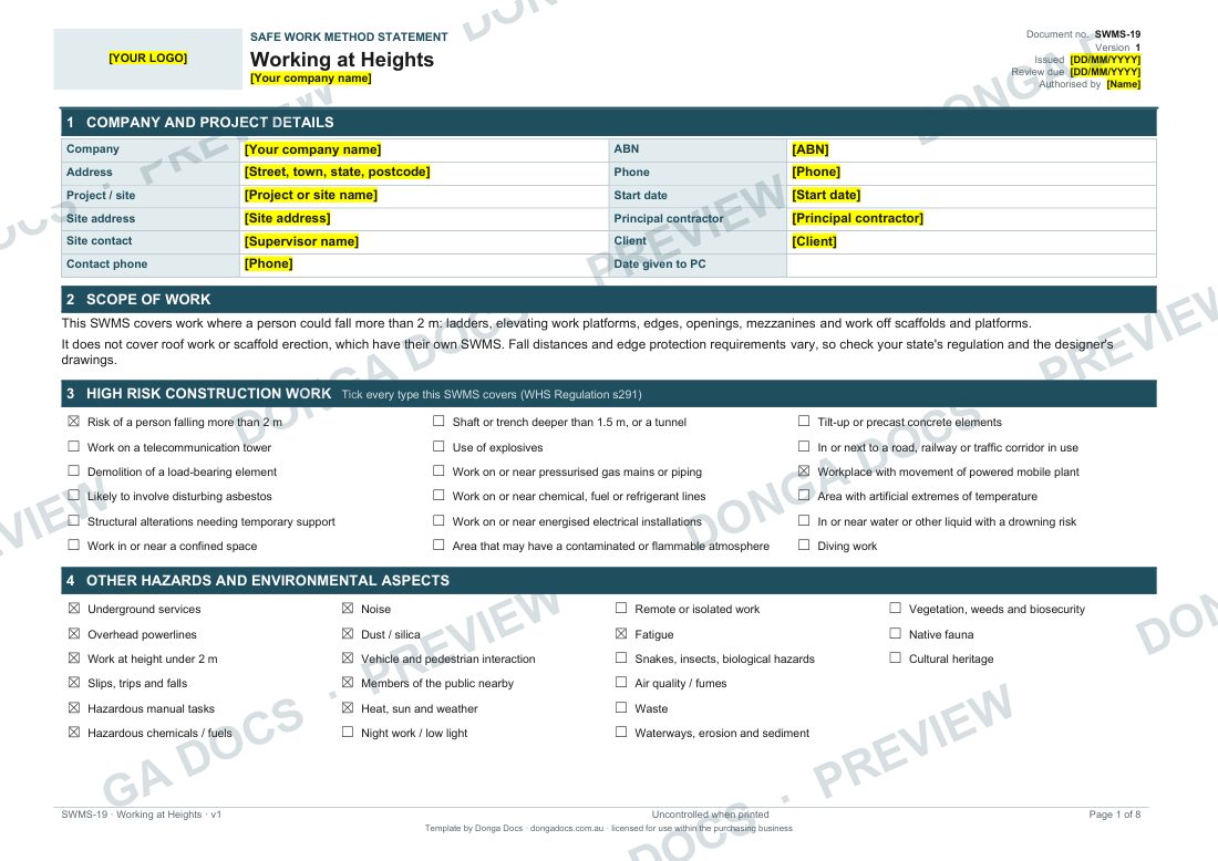 Preview of a template from the SWMS Pack: Building & Construction