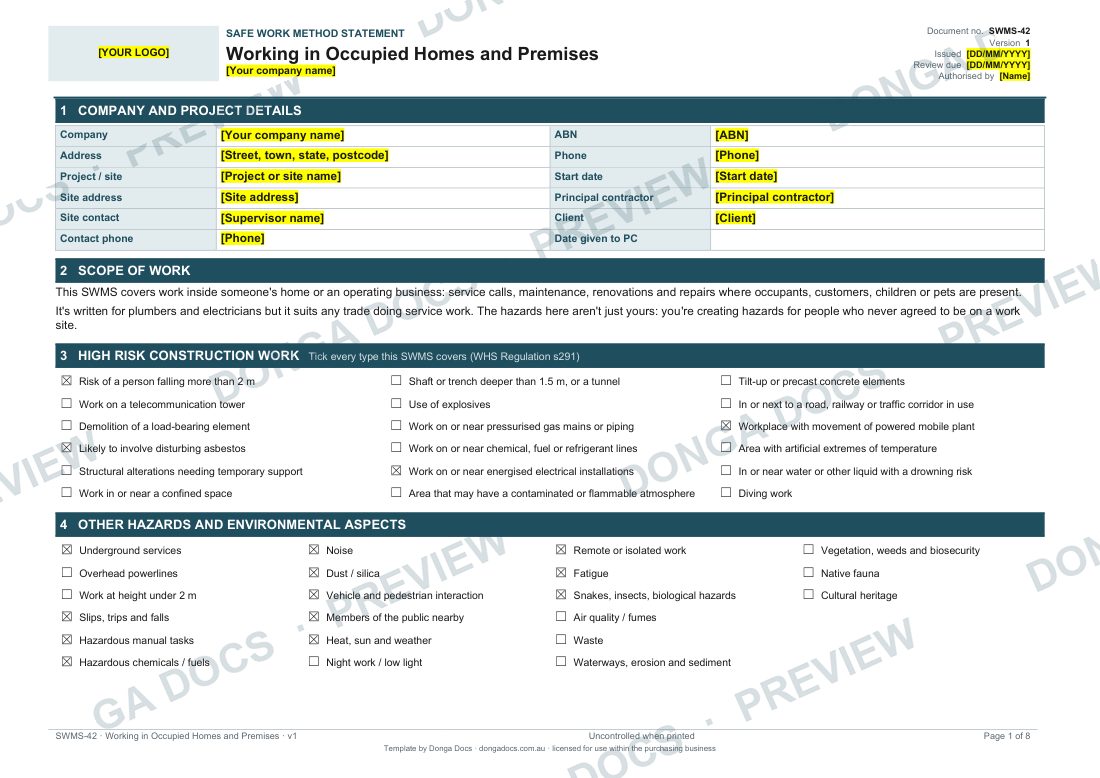 Preview of page 1 of the Working in Occupied Homes and Premises