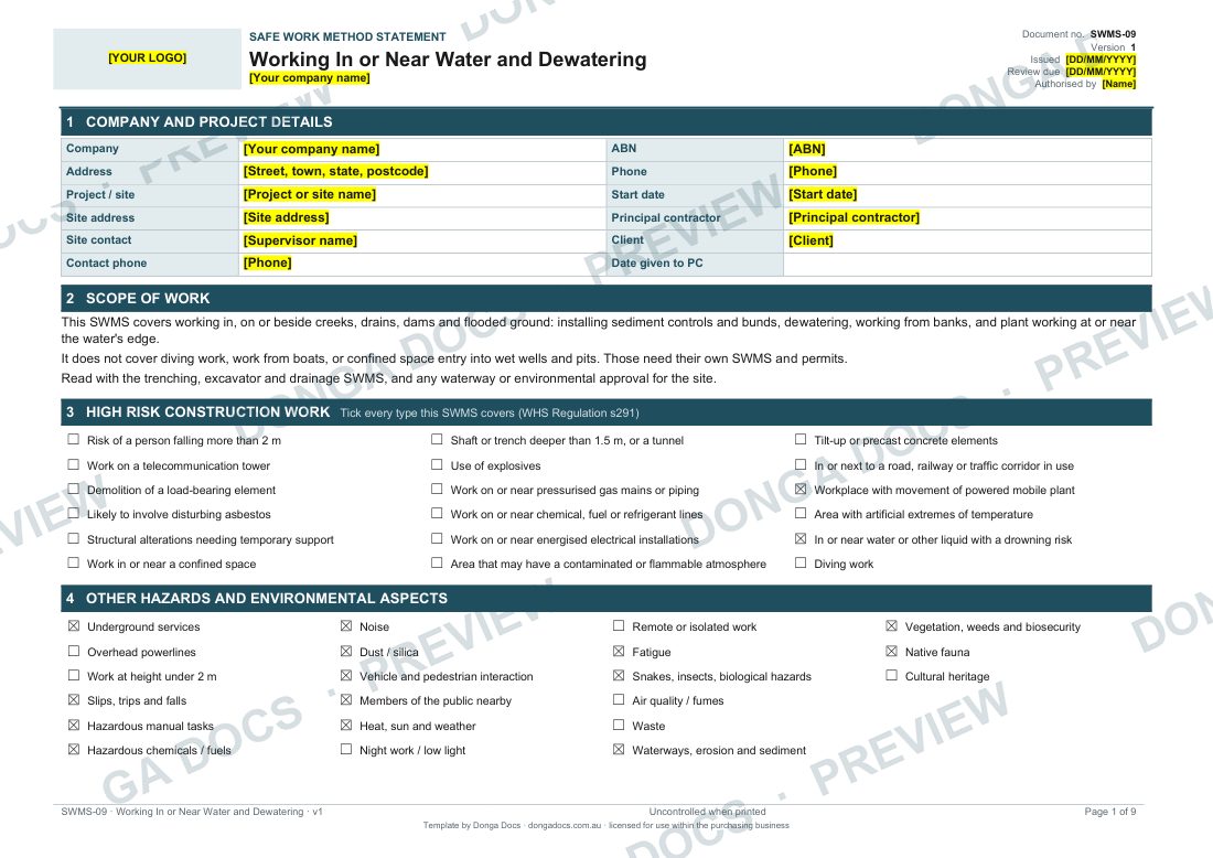 Preview of page 1 of the Working In or Near Water and Dewatering