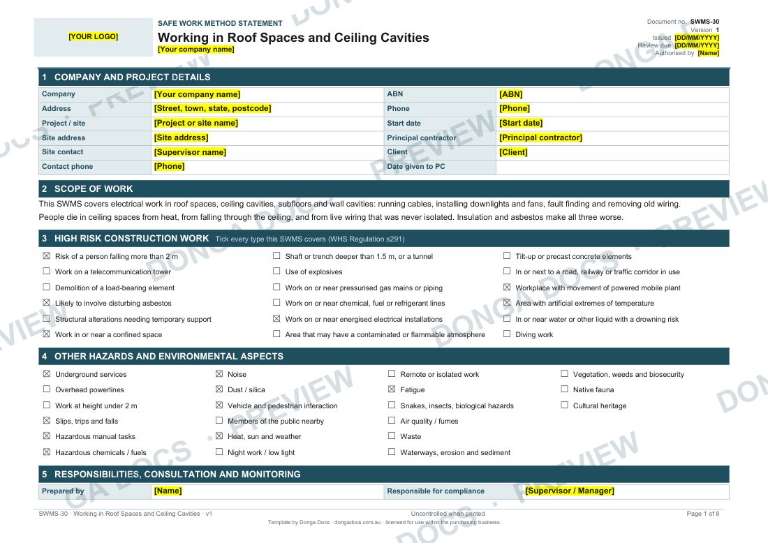 Preview of page 1 of the Working in Roof Spaces and Ceiling Cavities