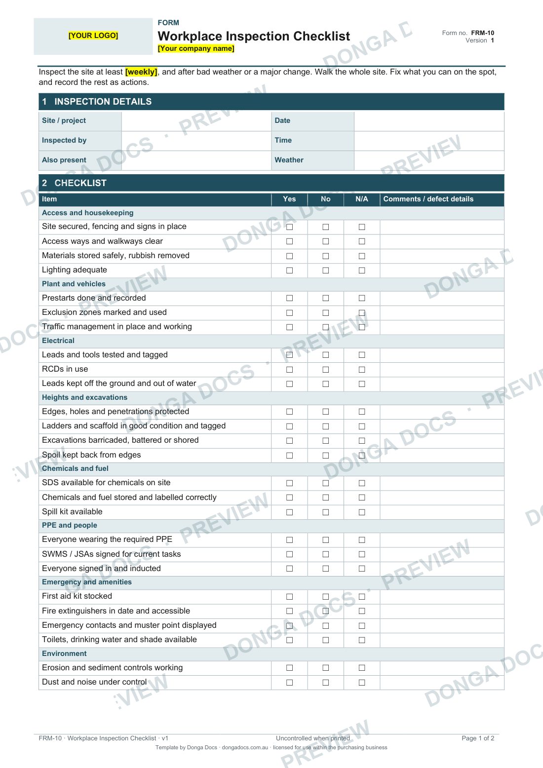Preview of page 1 of the Workplace Inspection Checklist