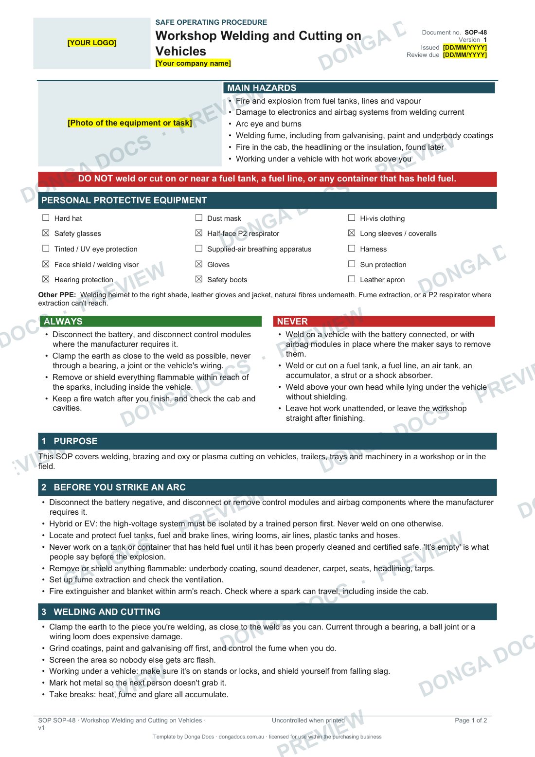 Preview of page 1 of the Workshop Welding and Cutting on Vehicles SOP